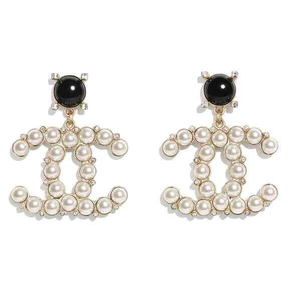 Chanel 21A Gold Black Crystal Pearl CC Logo Large Dangle Drop Statement Earrings - Picture 1 of 11